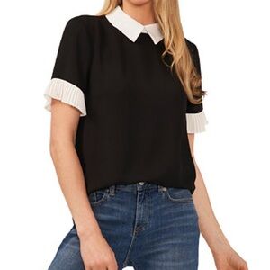 CeCe Black Blouse with White Pleated Trim